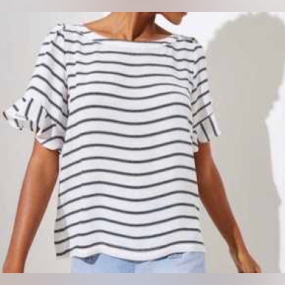 Ann Taylor Loft Nautical Boatneck Striped Coastal Grandma Flutter Sleeve Top